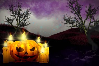 Cadılar Bayramı canlı, korkutucu, karanlık gece modeli - solda balkabağı mumu ve sağda serbest alan, tatil konsepti - arka plan tasarımı 3D tasarım