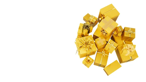 Aranyszínű Ajándékok Halom Karácsonyi Vagy Cyber Hétfő Ajándékozás Elszigetelt Tárgy — Stock Fotó