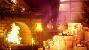 Xmas için altın hediyeler ve yanan ocak seti