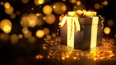 altın - renkli renkli arkaplan üzerine siyah dekore edilmiş hediye kutusu - soyut 3D görüntüleme