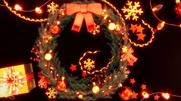 Темный Новый Год Подарочной Коробкой Гирляндами Трехмерная Иллюстрация — стоковое фото