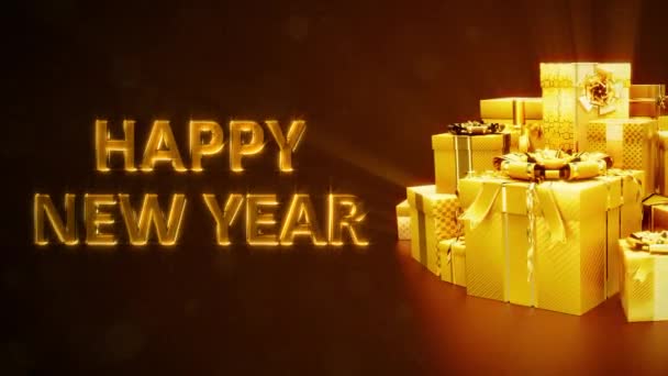Brilhante Dourado Apresenta Pilha Para Feriado Ano Novo Com Texto — Vídeo de Stock
