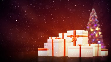 Noel ağacı ve sürpriz hediyeler grubu - tatil konsepti - soyut 3D canlandırma