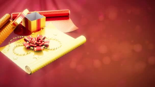 Geschenkpapier Und Geschenkbox Rotieren Vor Lebendigem Hintergrund — Stockvideo