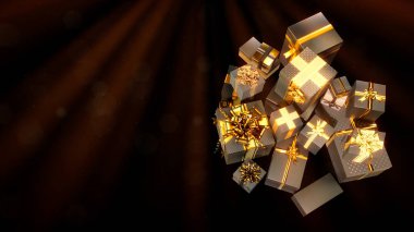 Kara bg üzerinde siber pazartesi hediyesi olarak birçok hediye kutusu parlıyor - soyut 3D illüstrasyon