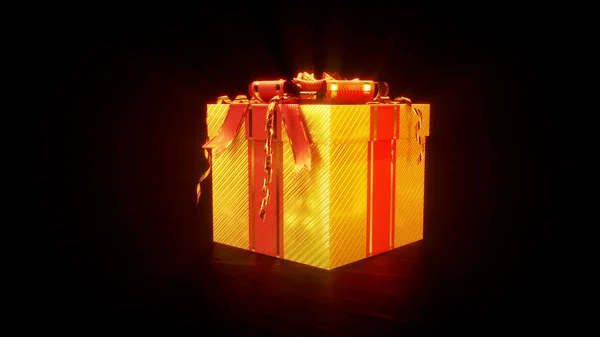 Λαμπερό Καλλωπισμένο Χρυσό Και Κόκκινο Κουτί Έκπληξη Δώρο Μαύρο Απομονωμένο — Φωτογραφία Αρχείου