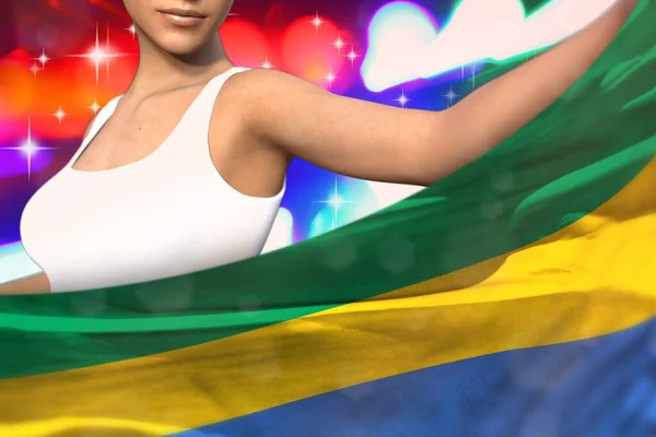 Bella Donna Sta Tenendo Bandiera Gabon Davanti Lei Sulle Luci — Foto Stock