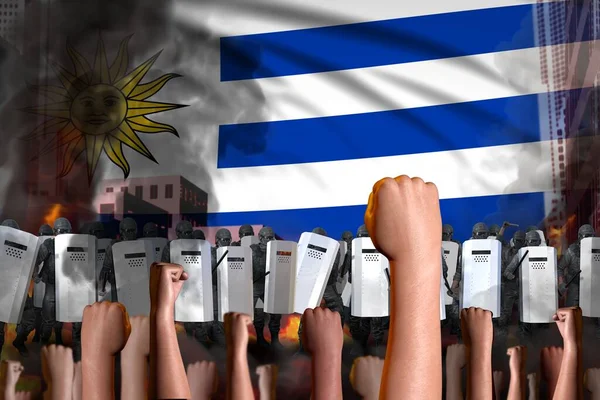 Syan Konsepti Uruguay Bayrak Arka Planında Protesto Polis Memurları Göstericilerin — Stok fotoğraf