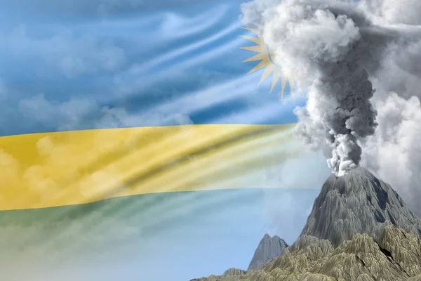 Nagy Vulkán Kitörés Nappal Fehér Füst Ruanda Zászló Háttér Problémák — Stock Fotó