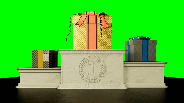 带惊喜礼品盒的得奖者领奖人台 一等奖概念 孤立物体3D插图 — 图库照片