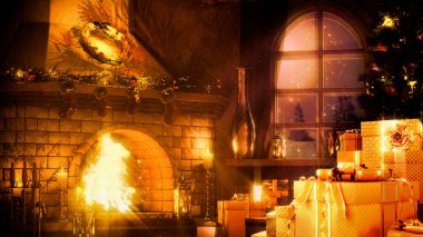 Goldish birçok hediye kutusu ve yeni yıl için aydınlatma ocağı - soyut 3B oluşturma