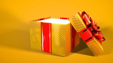 Turuncu zemin üzerinde süslenmiş altın ve kırmızı hediye kutusu - nesne 3D görüntüleme