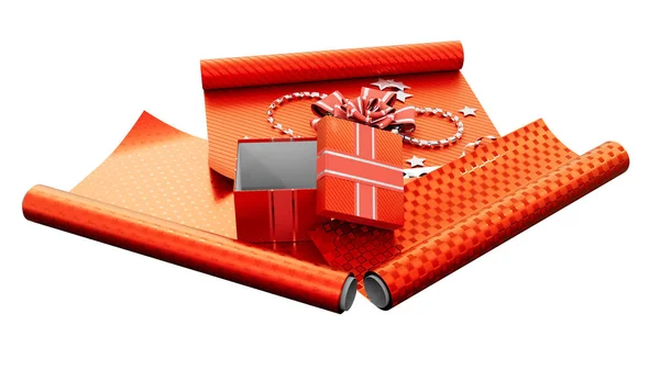 Czerwony Obecny Papier Pakowy Pudełko Białym Tle Izolowane Obiekt Renderowania — Zdjęcie stockowe
