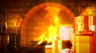 Boş alanı olan yeni yıl kutuları ve bacası - soyut 3D illüstrasyon