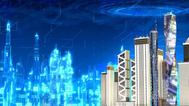 metaverse bg - dijital dünyaya entegre şehir - soyut 3D illüstrasyon