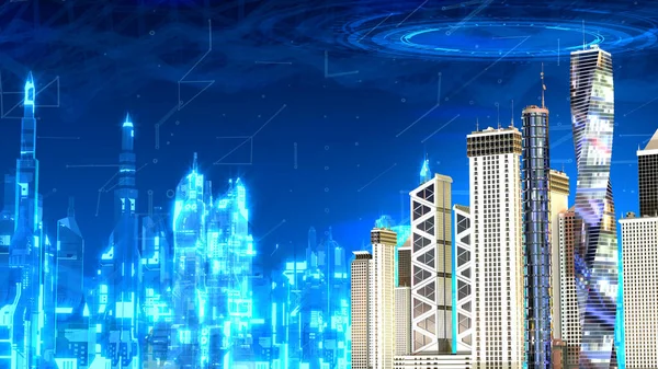 metaverse bg - dijital dünyaya entegre şehir - soyut 3D illüstrasyon