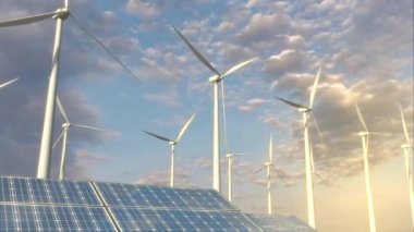 Mavi gökyüzünde güneş enerjisi panelleri ve yel değirmenleri - yenilenebilir enerji