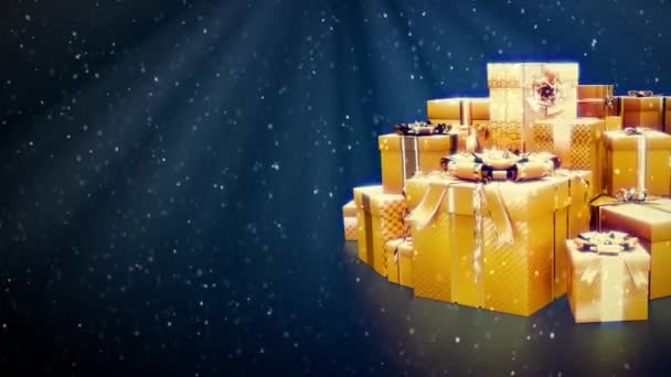 Gouden Geschenkdoos Stapel Met Sneeuw Lege Plek — Stockvideo