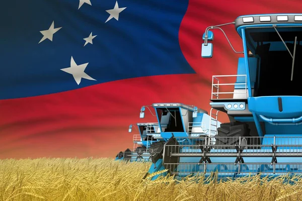 Ilustración Industrial Cosechadoras Modernas Azules Con Bandera Samoa Campo Rural —  Fotos de Stock