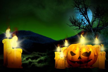 Cadılar Bayramı tüyler ürpertici gece dokusu - arka plan tasarım şablonu solda mum seti ve sağda balkabağı şeklinde mum, tatil konsepti