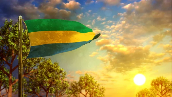 Acenando Bandeira Gabão Nascer Sol Para Celebração Nacional Renderização Abstrata — Fotografia de Stock