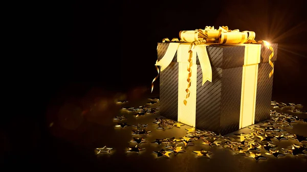 Kara Cuma, yerde yıldızlar olan hediye kutusu - soyut 3D illüstrasyon