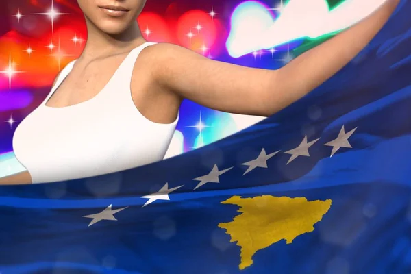 Мила Дівчинка Тримає Косовський Прапор Перед Нею Партійних Вогні Концепцію — стокове фото