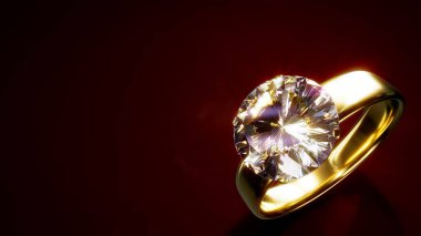 Koyu renkli arkaplanda elmas yüzük ve boş bir yer - soyut üç boyutlu illüstrasyon