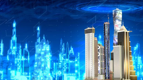 metaverse bg - dijital dünyaya entegre şehir - soyut 3D illüstrasyon