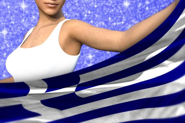 Young Girl Holding Greece Flag Front Her Blue Shining Sparks — Stock Photo, Image