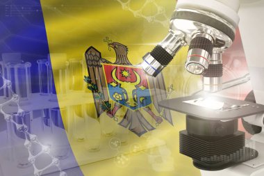 Moldova bayrağında mikroskop - bilimsel gelişim dijital arkaplan. Biyoloji tasarım konsepti araştırması, nesnenin 3 boyutlu illüstrasyonu