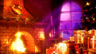 Noel için boş bir yer olan bir dizi hediye ve baca - soyut üç boyutlu illüstrasyon