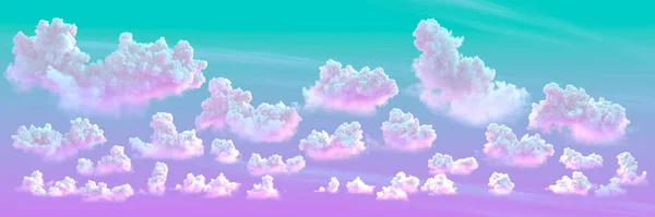 積雲の背景のピンクと緑のパノラマ 自然3Dイラスト — ストック写真