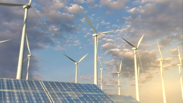 Solar Farm Wind Turbine Generators Blue Sky Renewable Energy Fictitious — Foto Stock