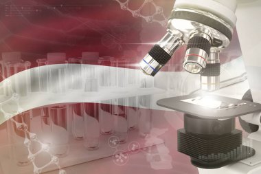 Letonya bayrağında mikroskop - Bilimsel gelişim dijital arkaplan. Nanoteknoloji tasarım konsepti araştırması, nesnenin 3 boyutlu çizimi