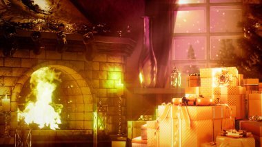 Xmas için altın hediye grubu ve aydınlatma şöminesi - soyut 3D görüntüleme