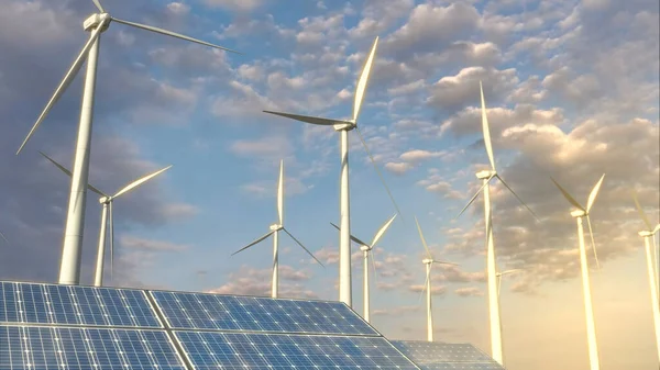 Panneaux Solaires Générateurs Éoliennes Sur Ciel Bleu Énergies Renouvelables Fictives — Photo