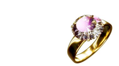 goldish nikah yüzüğü, sol tarafında elmaslar var, izole edilmiş, 3D nesne.