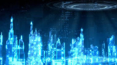 Sol tarafında boş alan olan teknolojik mavi metaverse arkaplan - soyut 3B oluşturma