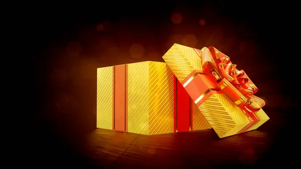黑暗背景下的金色和红色惊喜礼品盒 对象3D渲染 — 图库照片