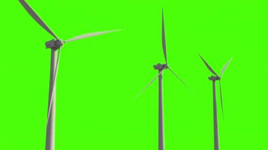 Beyaz modern ekolojik rüzgar değirmenleri yeşil ekranda, izole
