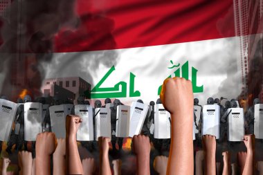 Düzensiz mücadele kavramı - Irak 'ta bayrak arka planında protesto, polis özel kuvvetleri kızgın kalabalığa karşı duruyor - askeri illüstrasyon