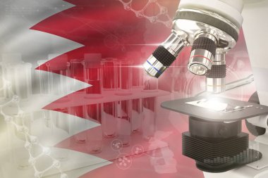 Bahreyn bayrağında mikroskop - Bilimsel gelişim dijital arkaplan. Nanoteknoloji tasarım konsepti araştırması, nesnenin 3 boyutlu çizimi