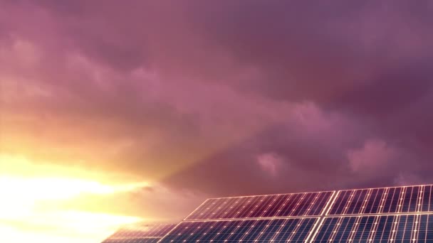 太阳落山背景下的生态高科技太阳能农场 — 图库视频影像