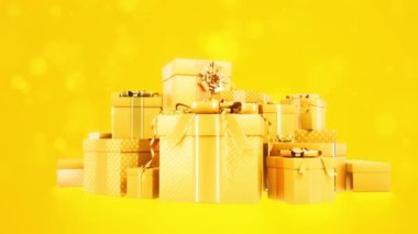 Sanal Pazartesi için altın hediye kutusu yığını turuncu arka planda hediye