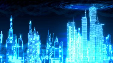 metaverse arkaplan - şehir dijital dünyaya entegre - soyut 3D illüstrasyon