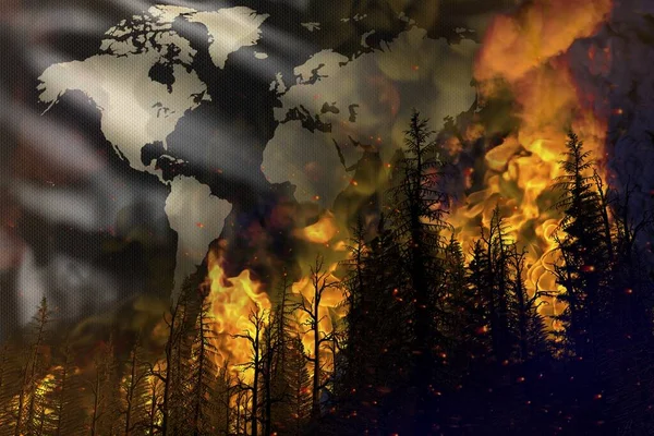 Forest Fire Natural Disaster Concept Flaming Fire Woods World Flag — Stock fotografie