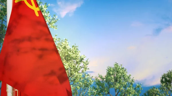悬挂有树木和天空的国旗 用于任何假日 对象3D渲染 — 图库照片
