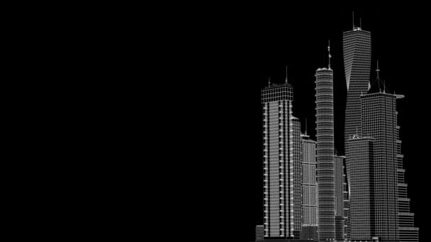Міські Будівлі Висвітленим Сітчастим Каркасом Чорному Ізольовані — стокове відео