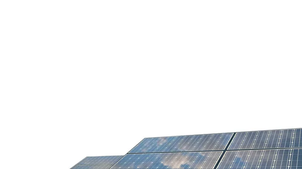 Екологічна Сонячна Ферма Відображає Хмари Білому Тлі Ізольована Вигадана Промислова — стокове фото